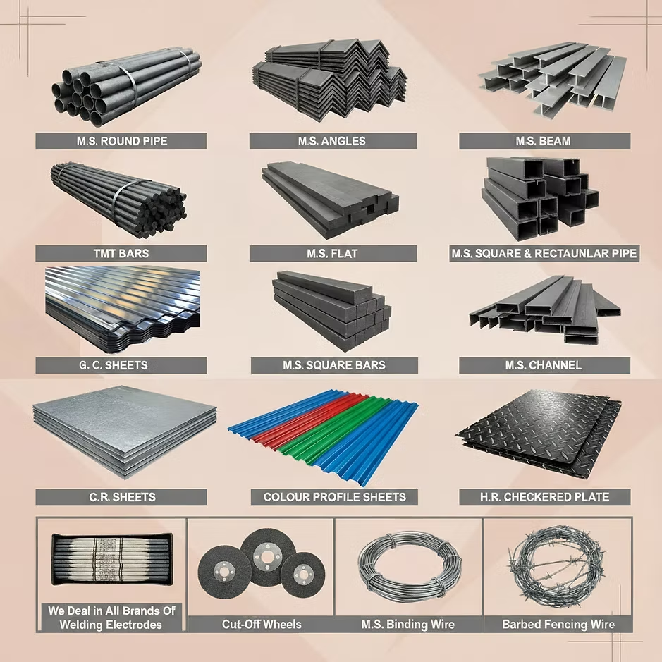 Asian Steels product range — MS pipes, angles, beams, TMT bars, sheets, wires and more